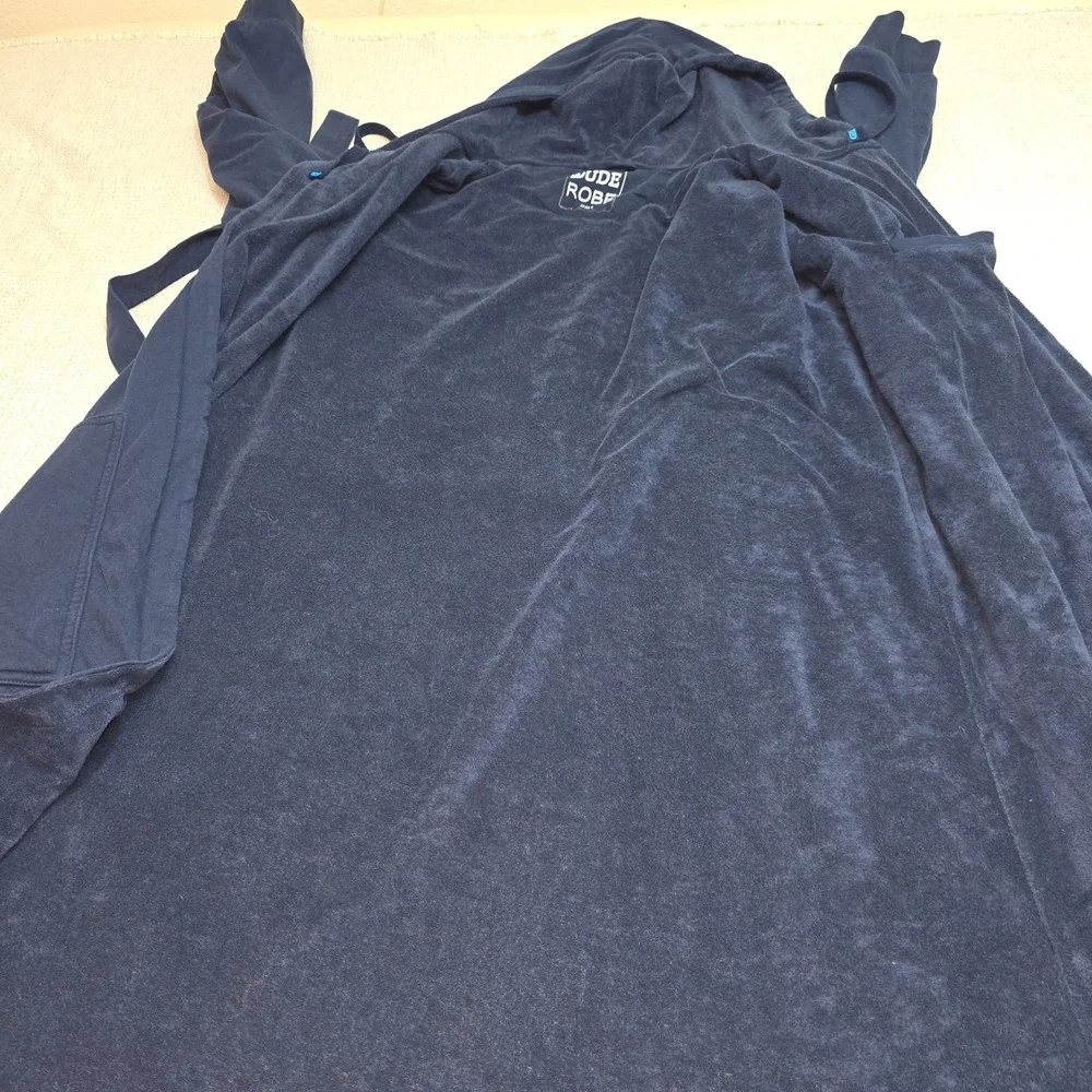 DudeRobe Mens Hooded Bathrobe Navy Blue Towel Lined Jersey Knit Size S/M